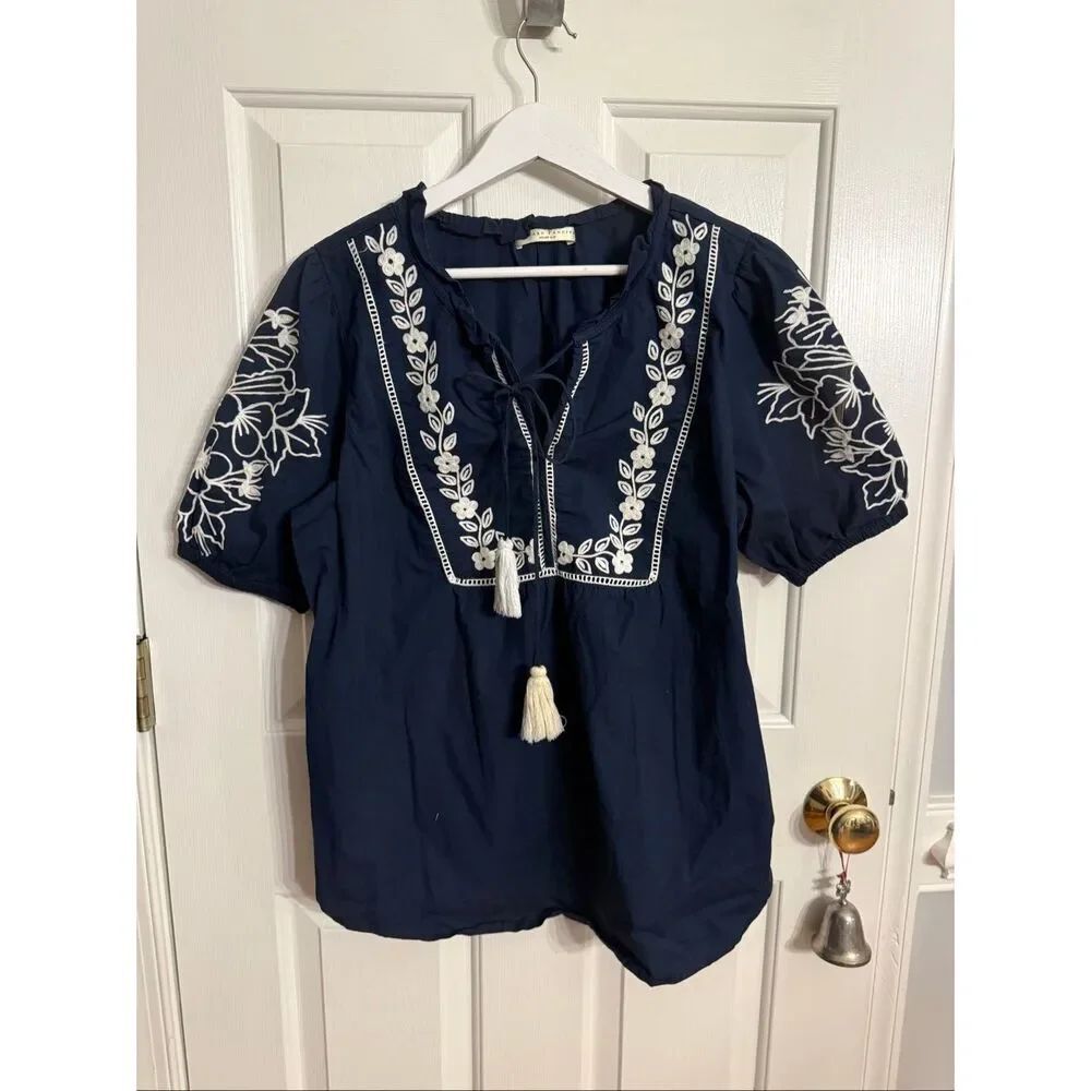 Eshakti Wayward Fancies Navy & White Embroidered Tassle Tie Blouse sz XL 18
